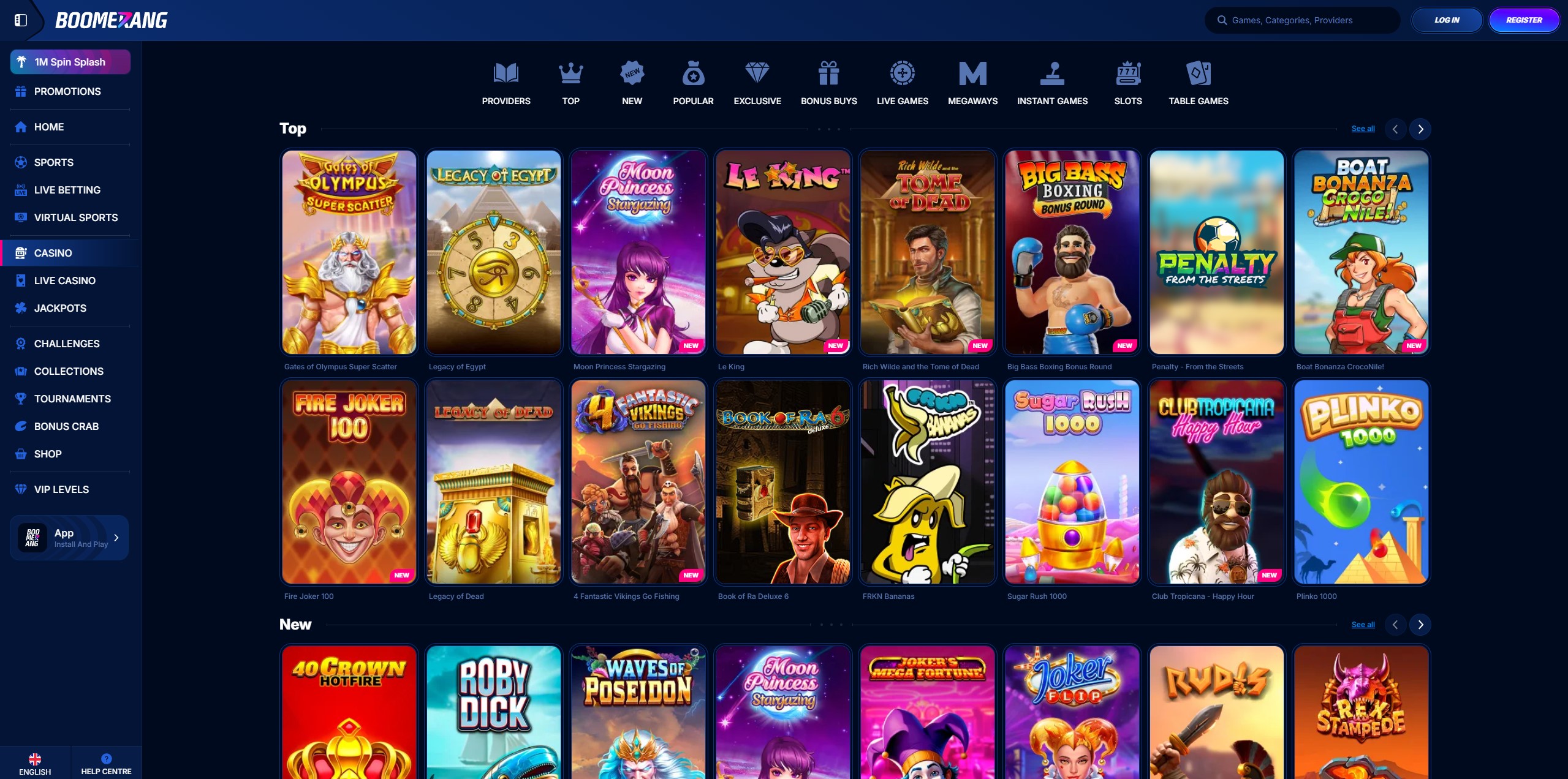 Spielauswahl im Boomerang Casino mit vielen Top-Slots