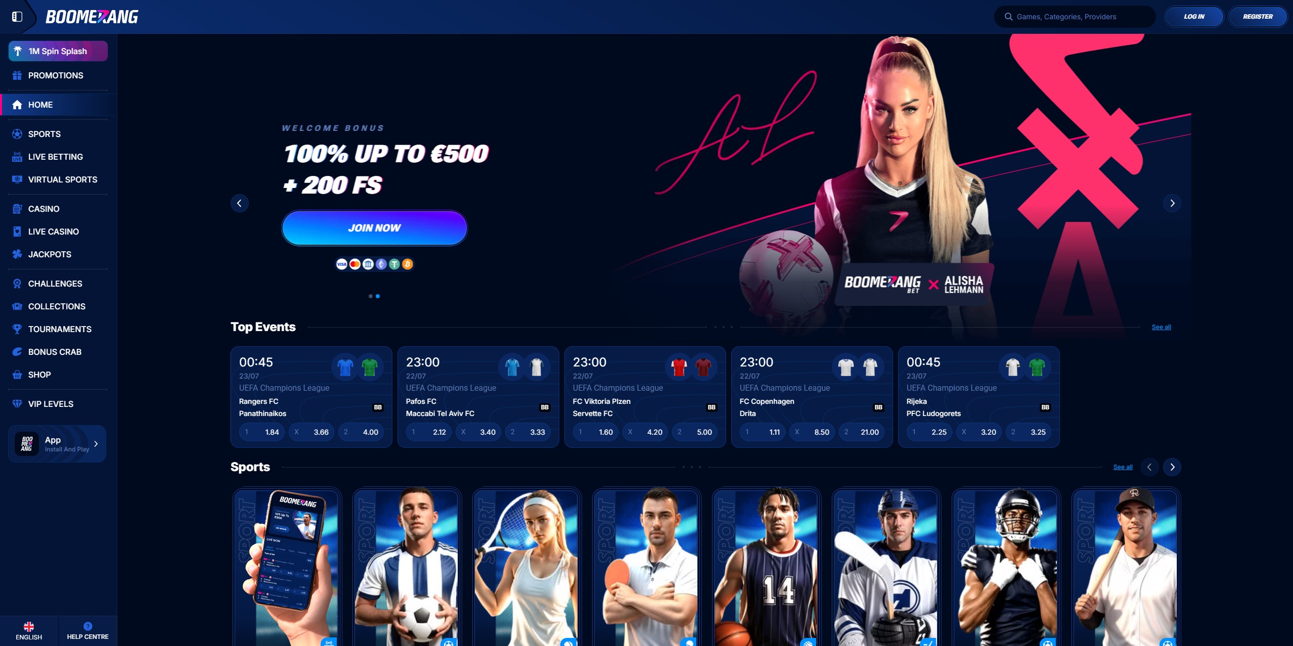 Einfache Anmeldung und Login bei Boomerang Bet auf der Hauptseite